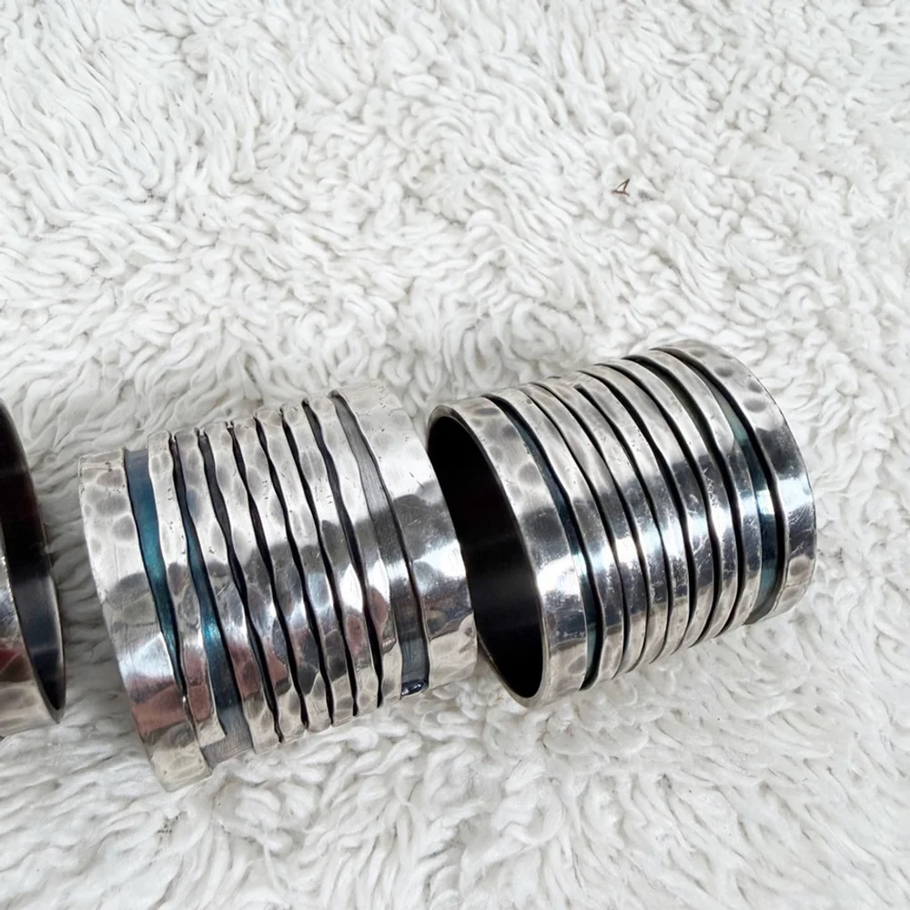 Vintage Silver Tone Napkin Rings Set of 4 Gothic Viking Medieval Hammered Metal
